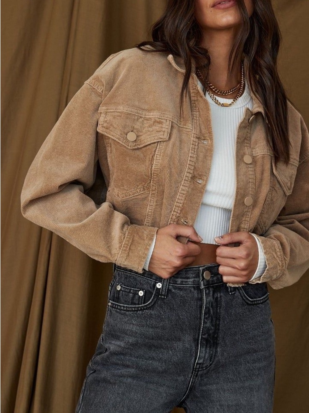 Tan Cropped Corduroy Jacket in Camel - Collared Coat w Distressed Hemline -